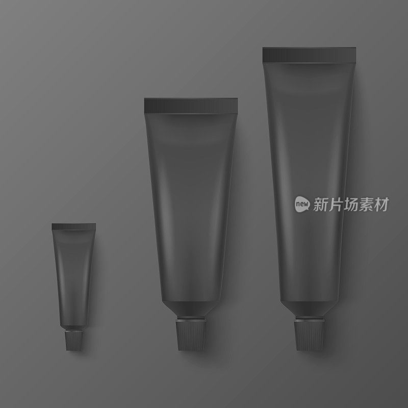 Vector 3d Realistic Plastic, Metal Black Tooth Paste, Cream Tube, Packing Set Isolated on Black Background. Design Template of Toothpaste, Cosmetics, Cream for Mockup. Top View